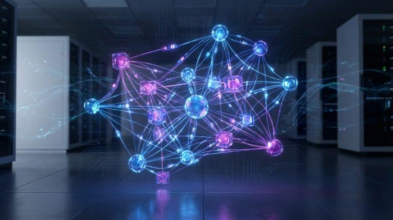 A photorealistic image of an abstract computer network with glowing blue and magenta nodes interconnected by luminous lines, set in a data center.