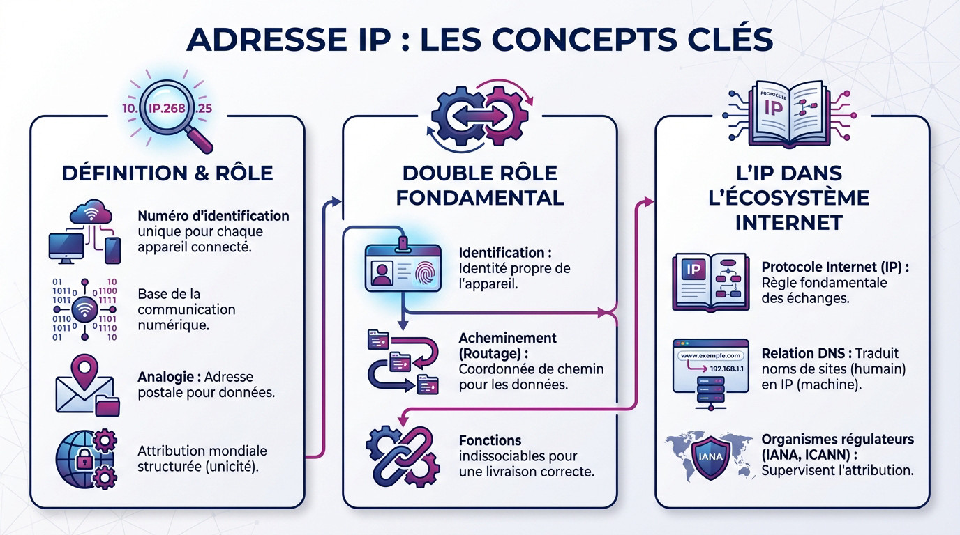 Schéma illustrant le fonctionnement et le rôle d'une adresse IP dans un réseau
