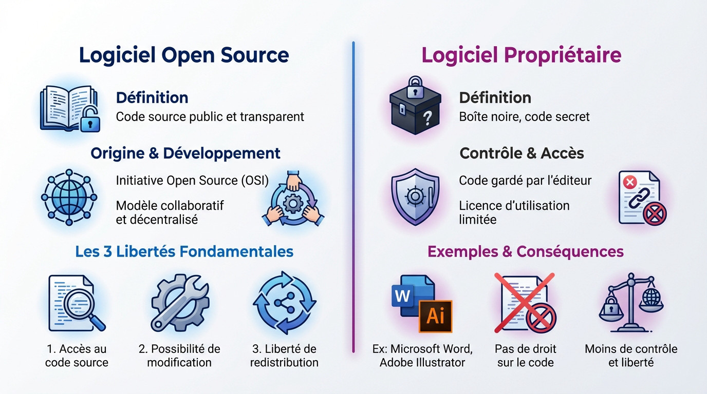 Schéma comparatif illustrant la différence d'accès au code entre un logiciel open source et un logiciel propriétaire