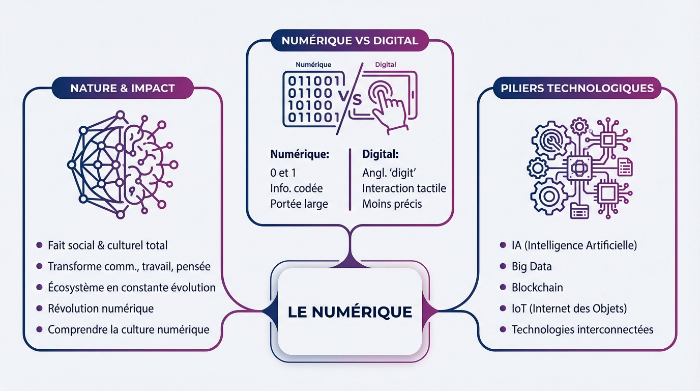 Schéma explicatif illustrant la nature du numérique, sa terminologie et ses piliers technologiques