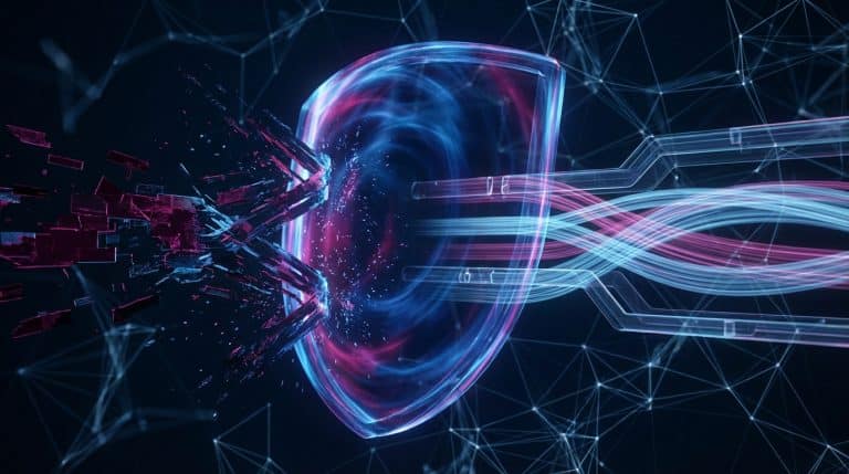 A glowing blue and magenta digital firewall shield blocks jagged data packets while allowing smooth data streams to pass through, set against a network background.