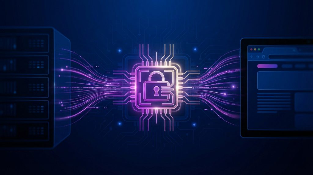 Glowing purple secure digital icon (microchip with padlock) connected by data streams to a server and tablet on a dark blue background.