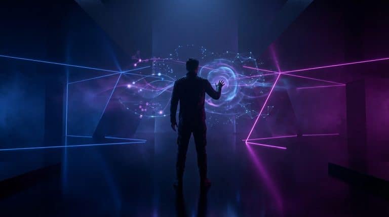 Person from behind interacts with a vibrant blue and magenta holographic data interface in a dark, minimalist digital environment.