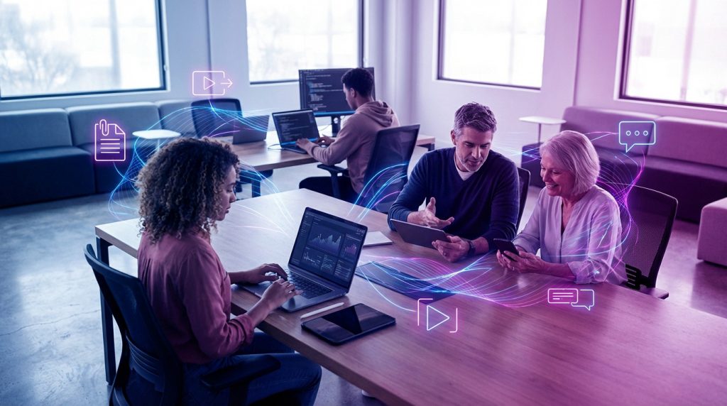 Diverse individuals use digital devices in a modern office, surrounded by glowing blue and purple lines representing data and connectivity.