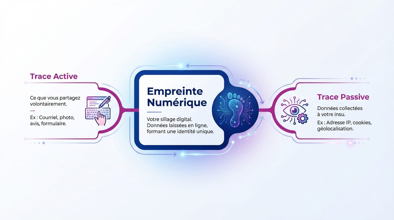 Schéma illustrant la différence entre l'empreinte numérique active (publications volontaires) et passive (données techniques collectées)