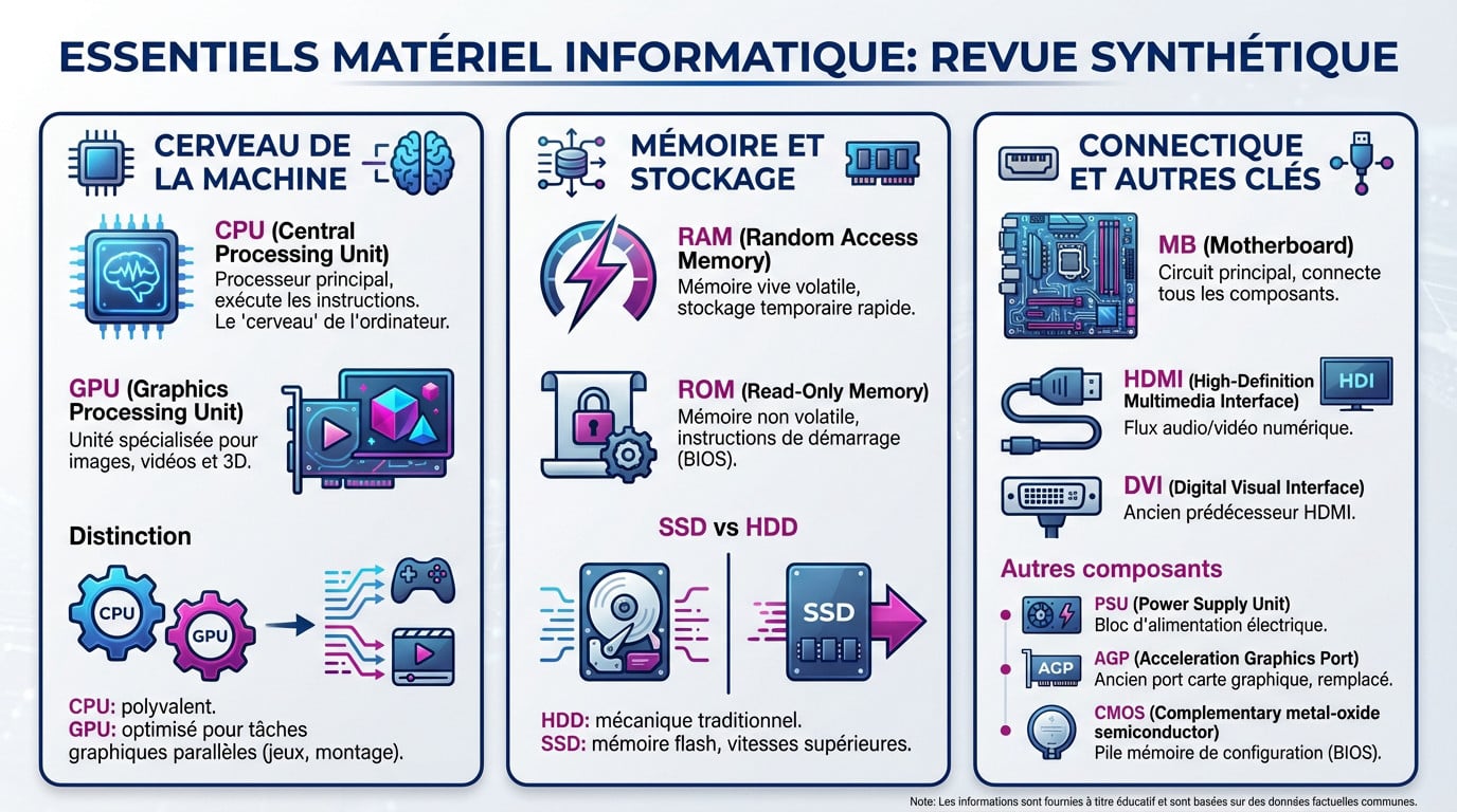 Schéma synthétique des composants informatiques essentiels : CPU, RAM, SSD et connectique
