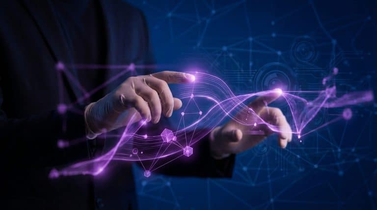 Hands in gloves interact with glowing purple holographic data streams and nodes against a dark blue digital background with subtle surveillance hints.