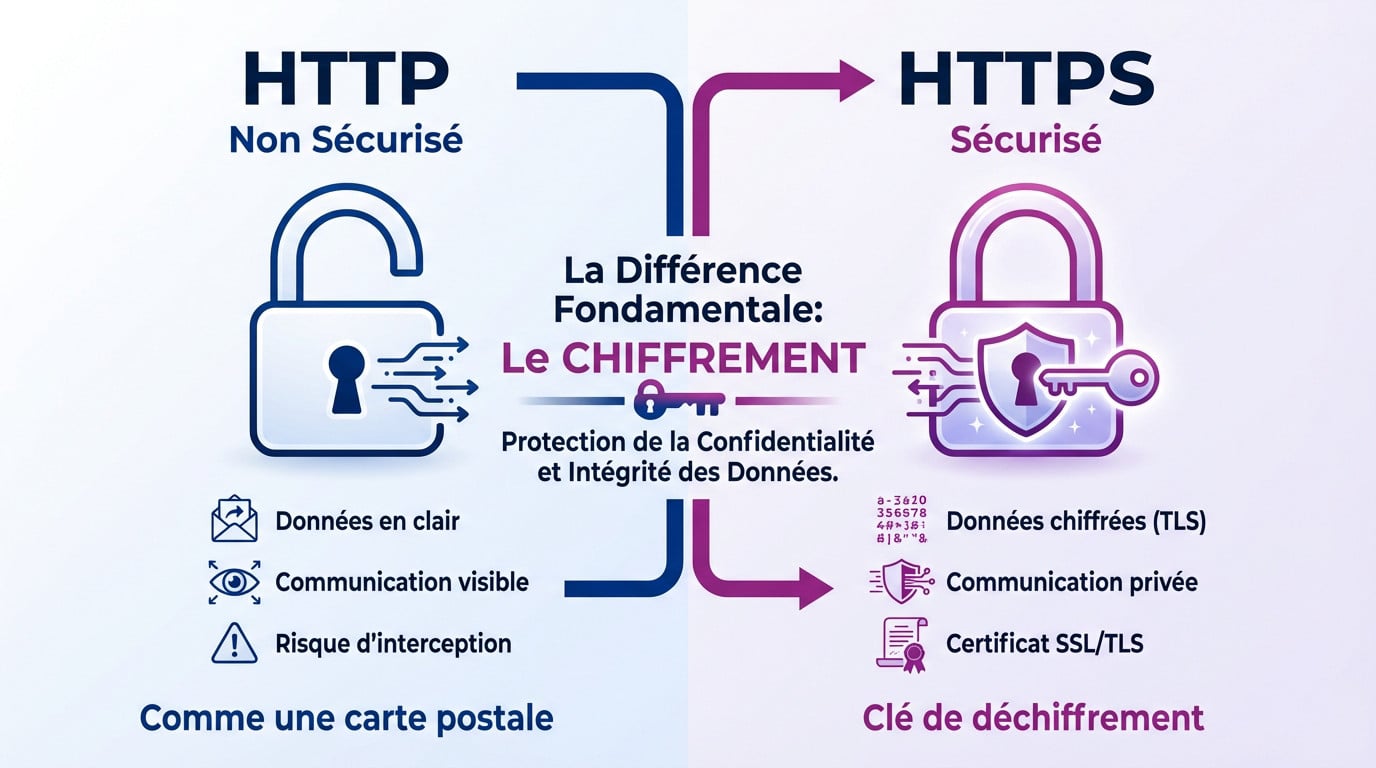 Schéma illustrant la différence de sécurité entre le protocole HTTP non sécurisé et le protocole HTTPS chiffré
