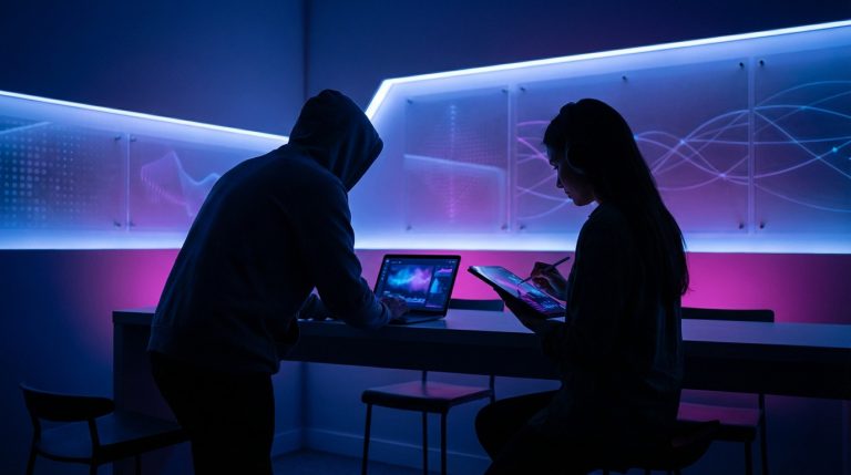 Two people immersed in digital learning, illuminated by glowing blue and purple screens in a modern, cinematic environment. Abstract data streams in the background.