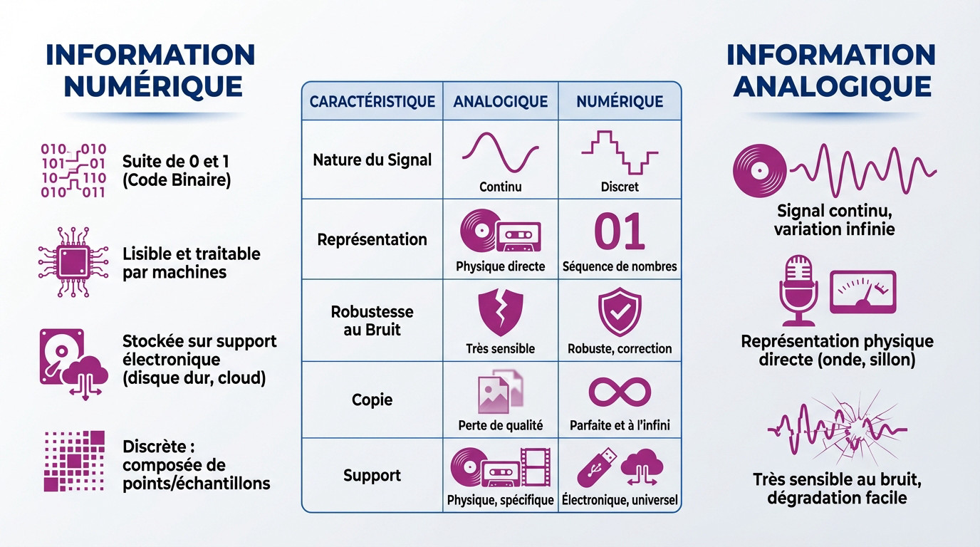 Signal analogique continu vs signal numérique discret Infographie comparant le signal continu de l'information analogique et le signal discret de l'information numérique