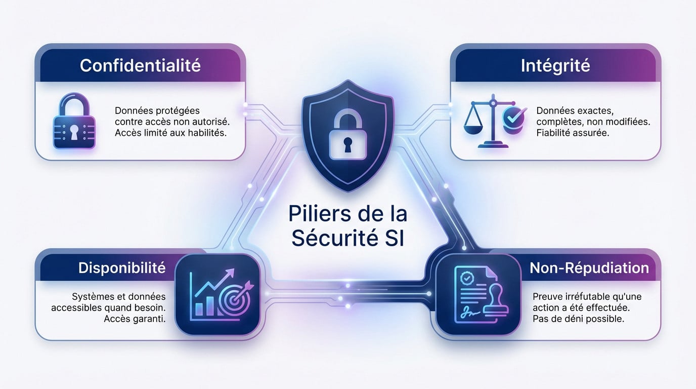 Infographie illustrant les trois piliers de la sécurité des systèmes d'information : Confidentialité, Intégrité et Disponibilité