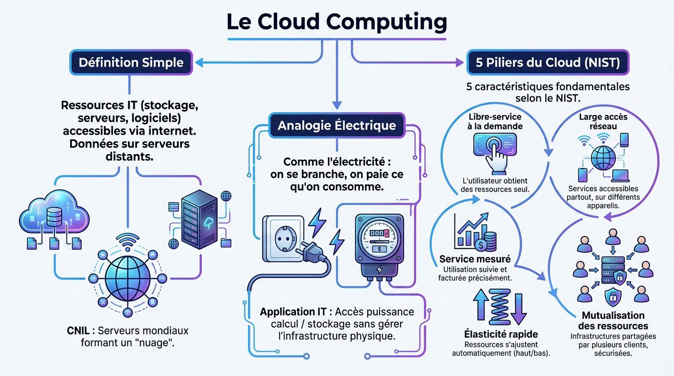 Illustration schématique du fonctionnement du cloud computing avec des serveurs connectés