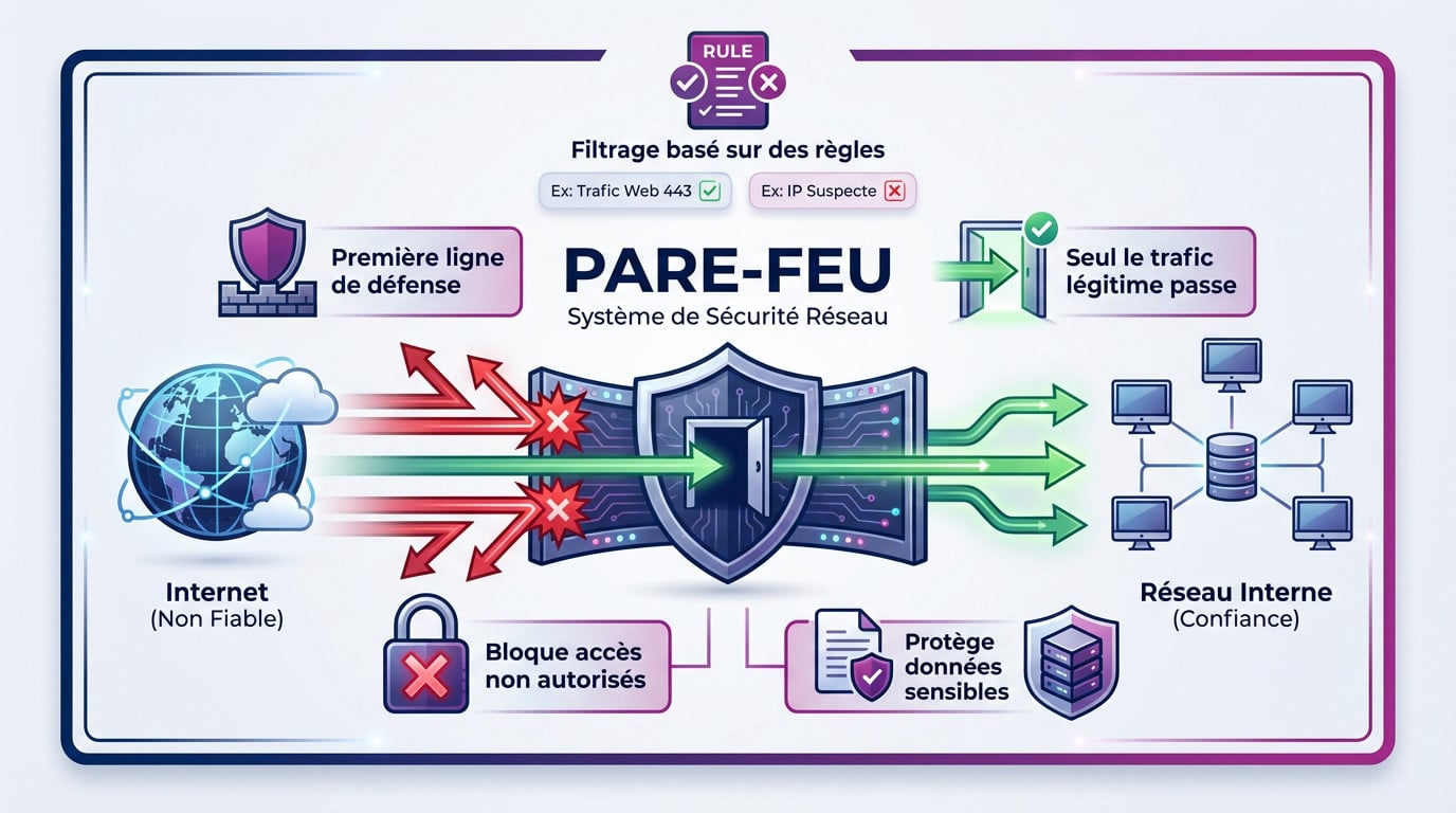 Illustration d'un pare-feu agissant comme un mur de sécurité filtrant les données entre internet et un ordinateur