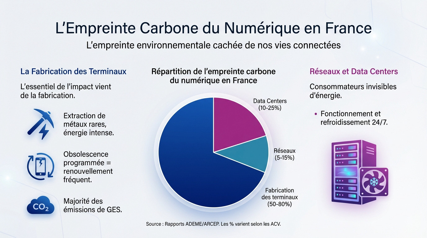 Graphique illustrant la répartition de l'empreinte carbone du numérique en France par poste d'émission
