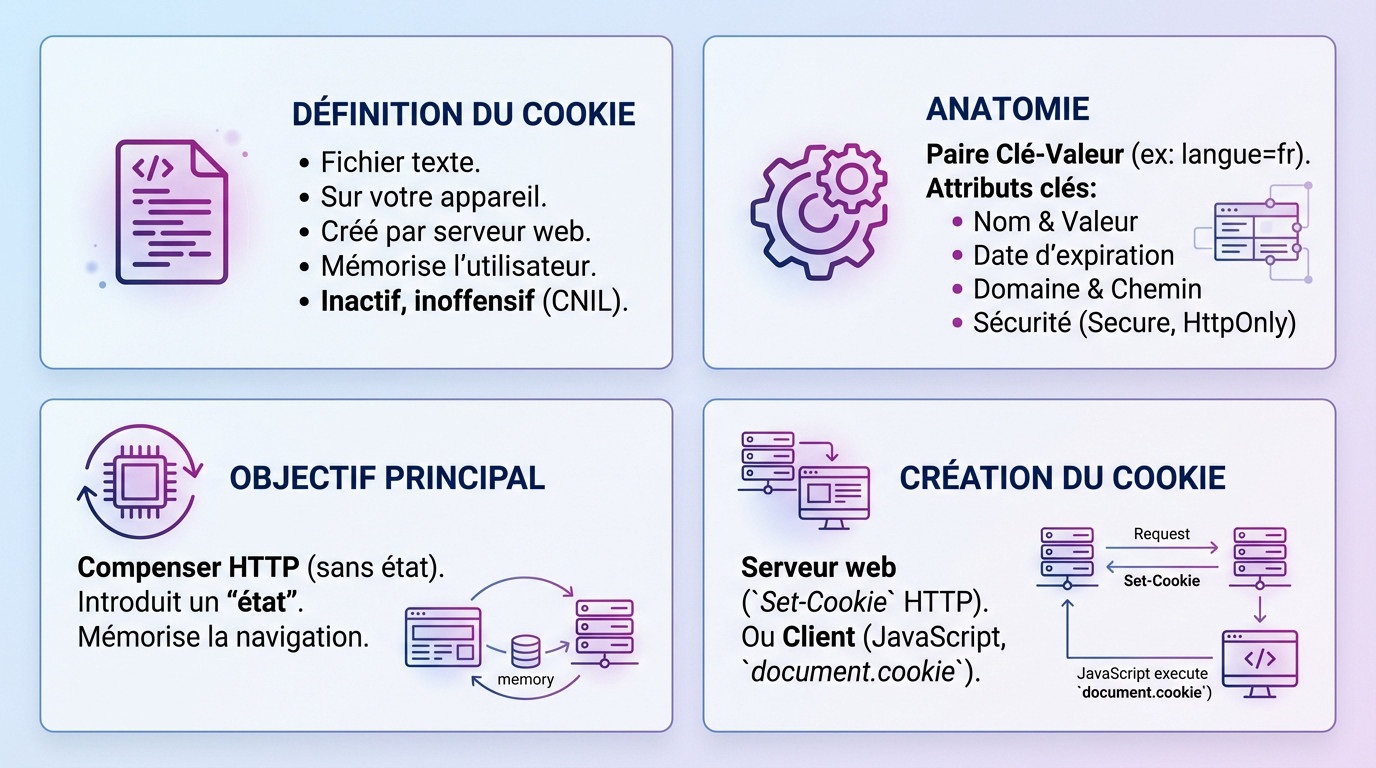 Schéma explicatif de la définition et de l'anatomie d'un cookie internet lors d'un échange client-serveur
