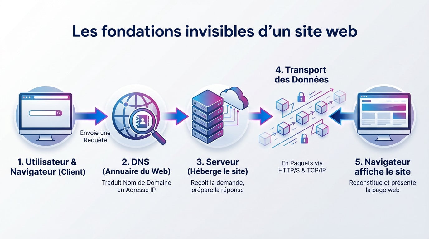 Illustration schématique du fonctionnement invisible d'un site web montrant les échanges de données