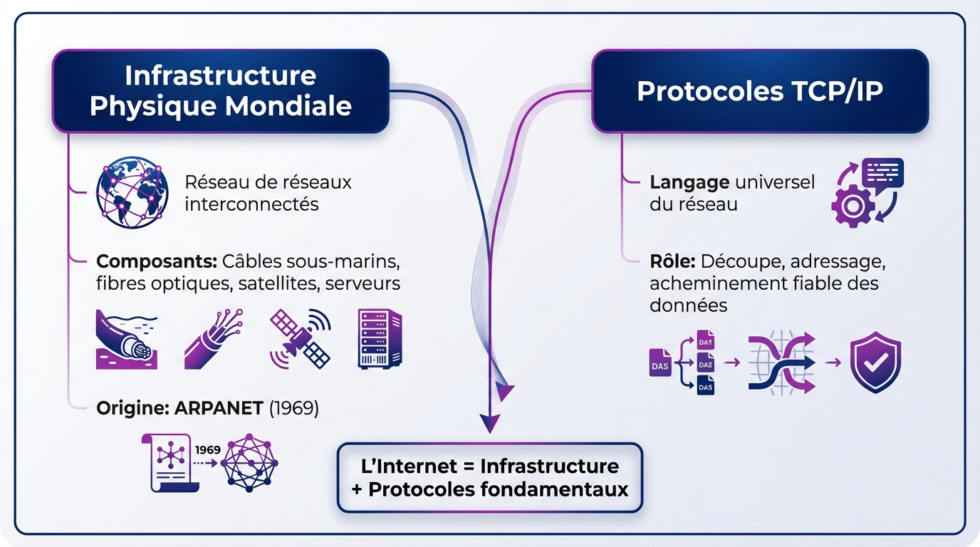 Schéma illustrant l'infrastructure physique d'Internet et le fonctionnement des protocoles TCP/IP