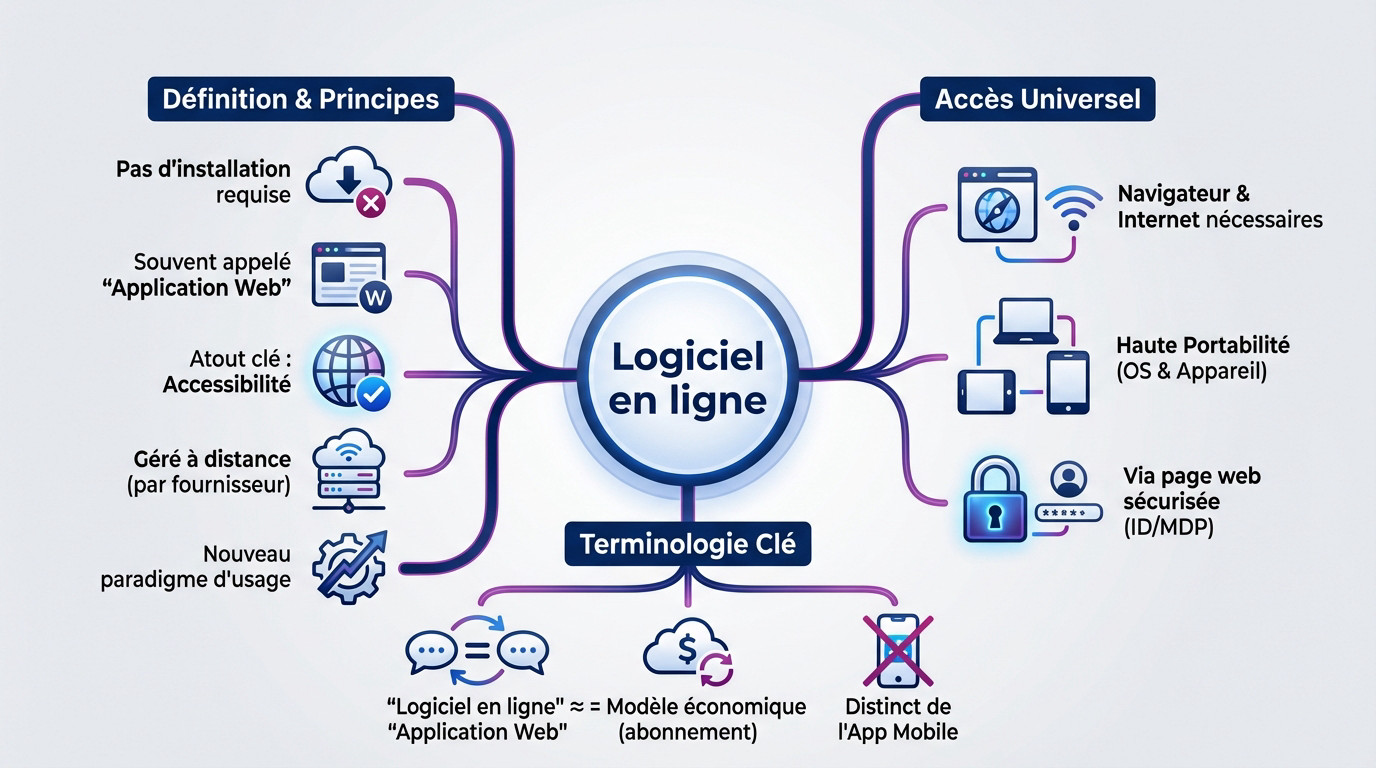 Illustration schématique montrant l'accès à un logiciel en ligne via un navigateur web et le cloud