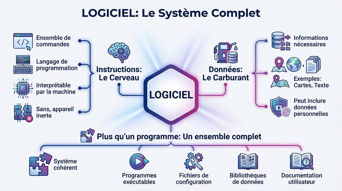 Schéma illustrant les composants d'un logiciel : programmes, configuration et données