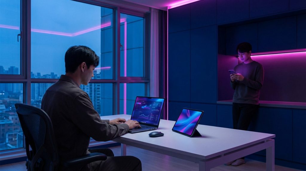 Two people using digital devices in a modern blue and magenta room. One works on a laptop and tablet, another checks a phone.