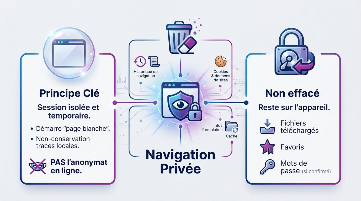 Schéma explicatif du fonctionnement de la navigation privée : données effacées vs conservées
