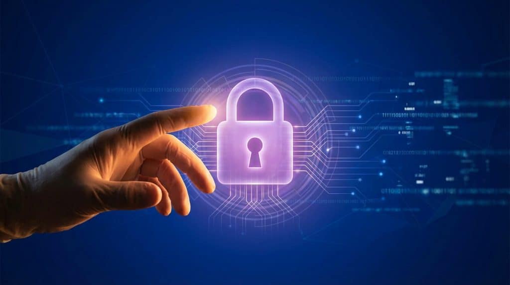 A hand reaches towards a glowing purple digital lock icon on a deep blue background with binary code and circuit patterns, symbolizing data security.