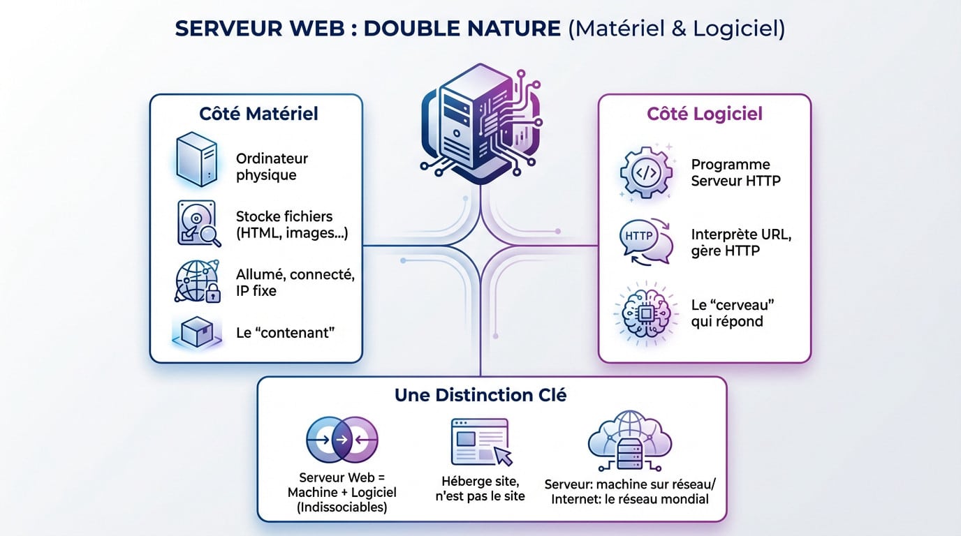 Schéma expliquant la différence entre le matériel et le logiciel d'un serveur web