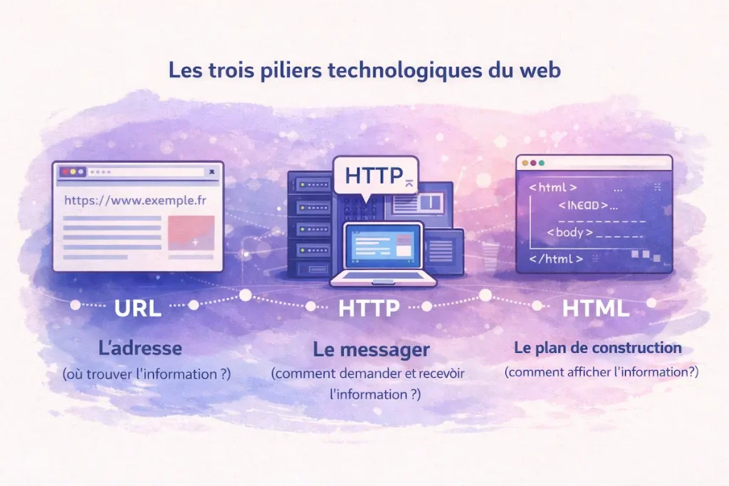 Illustration pédagogique présentant les trois piliers technologiques du web : URL pour l’adresse, HTTP pour la communication et HTML pour la structure des pages.