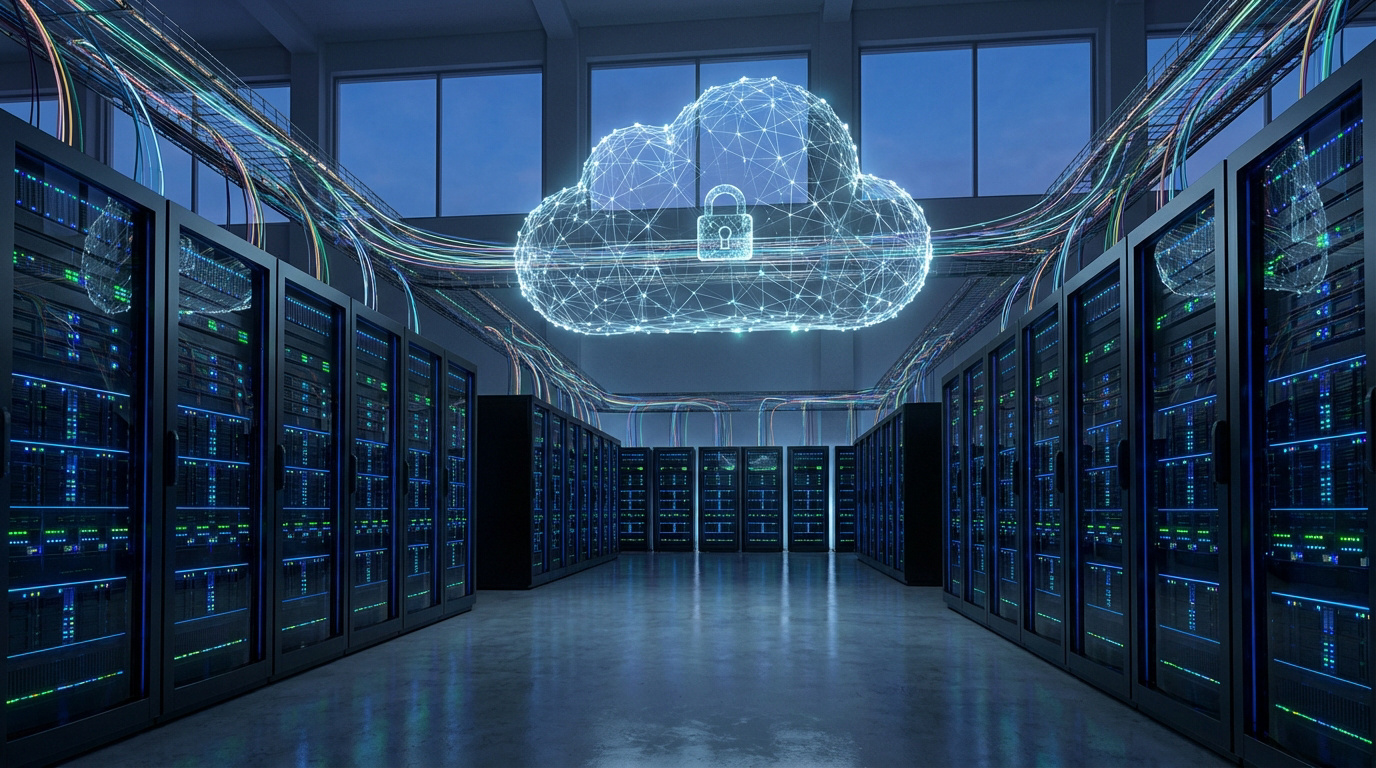 Une salle de serveurs futuriste avec un nuage numérique lumineux et sécurisé (cadenas), des câbles colorés circulent.