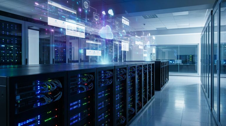 Salle de serveurs avec rangées de racks lumineux et projections numériques d'icônes cloud, de sites web et de données en mouvement.