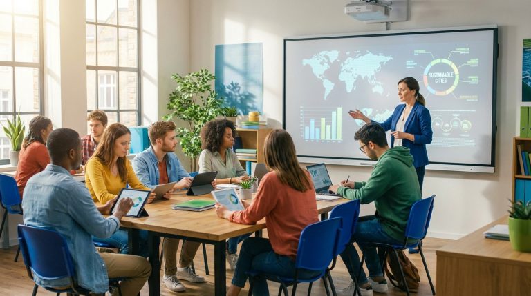 Enseignante et étudiants dans une salle de classe moderne. Ils utilisent des tablettes et ordinateurs pour un cours interactif sur tableau numérique.