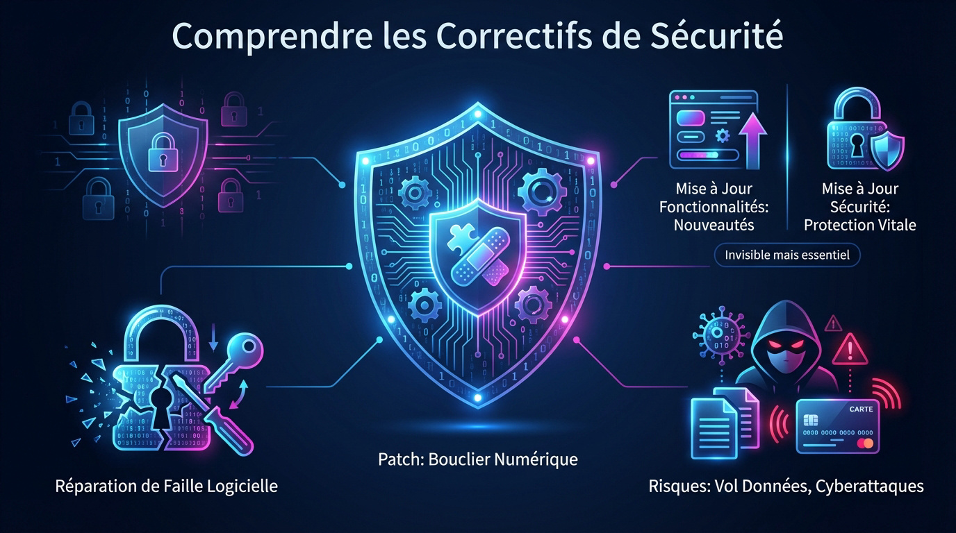 Illustration symbolique de la protection d'un système informatique par des correctifs logiciels