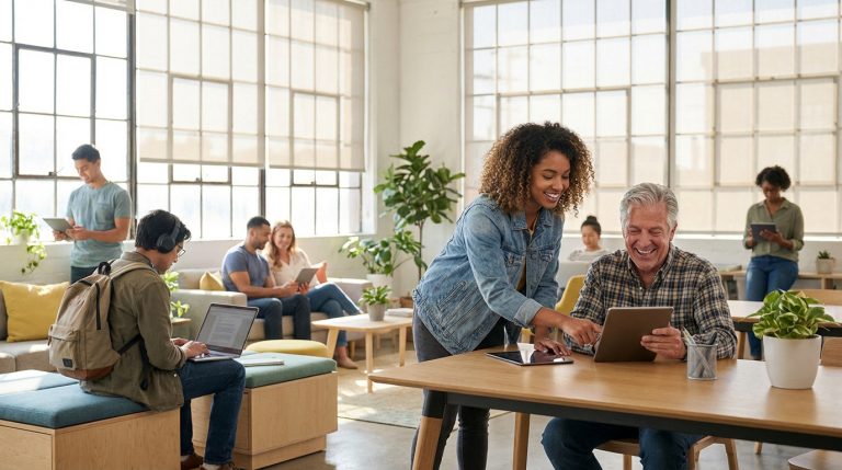 Scène d'inclusion numérique : une femme aide un homme âgé avec une tablette, souriants. D'autres utilisent des appareils dans un espace lumineux.