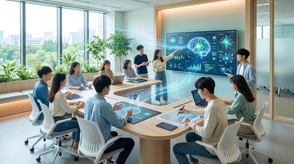 Réunion de jeunes professionnels explorant l'IA et la neuroscience avec écrans tactiles et présentations numériques.