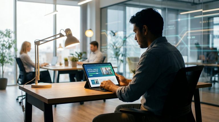 Un homme utilise une tablette pour suivre un cours de compétences numériques en ligne dans un bureau lumineux, avec d'autres collègues.