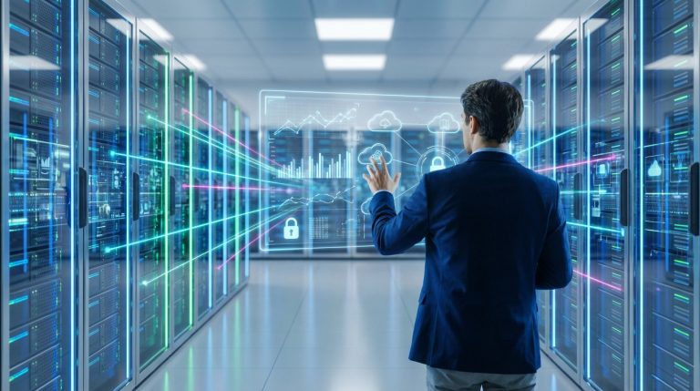 Homme en costume interagissant avec écran holographique affichant données et icônes cloud dans un centre de données lumineux.
