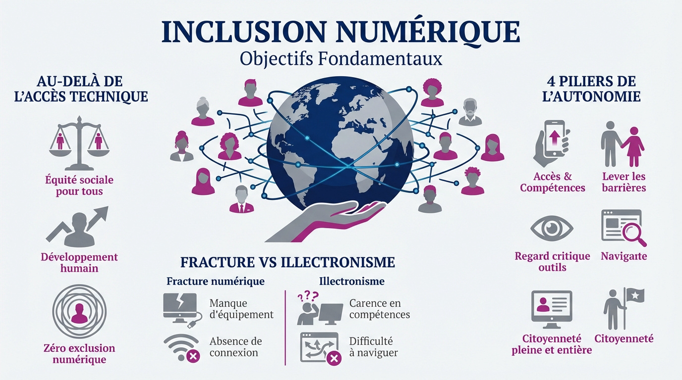 Schéma illustrant les objectifs et les piliers clés de l'inclusion numérique pour l'autonomie citoyenne