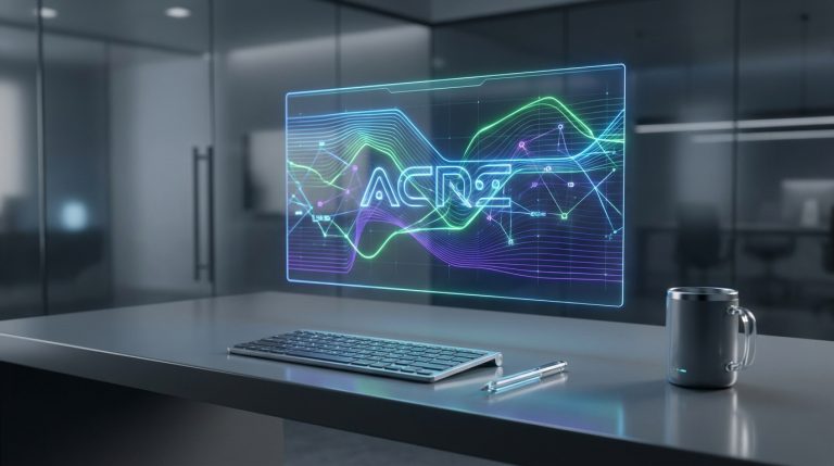 Un écran holographique affiche ACRZ et des ondes numériques dans un bureau moderne. Clavier, stylo et tasse sur le bureau.