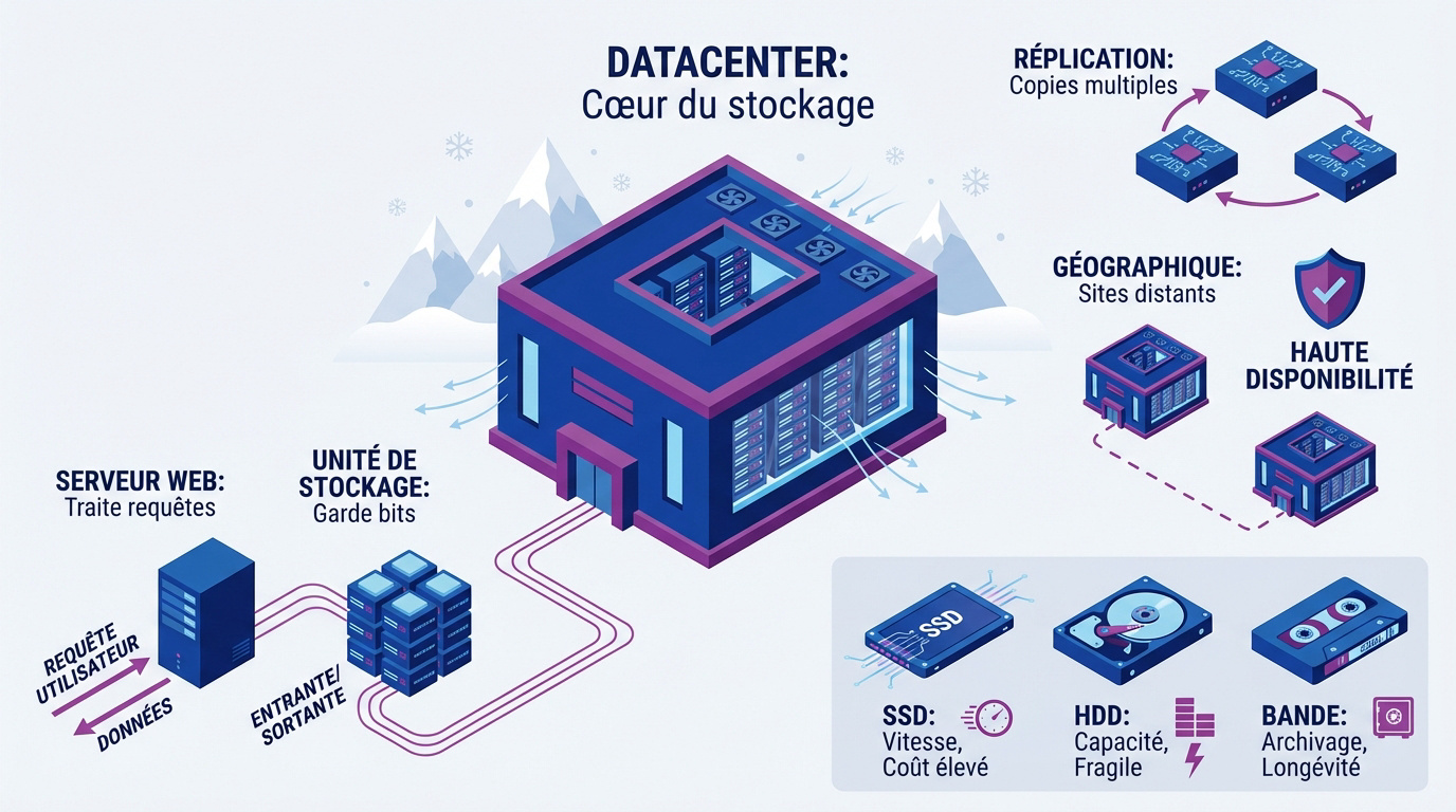 Vue intérieure d'un datacenter avec des rangées de serveurs et des câbles de fibre optique