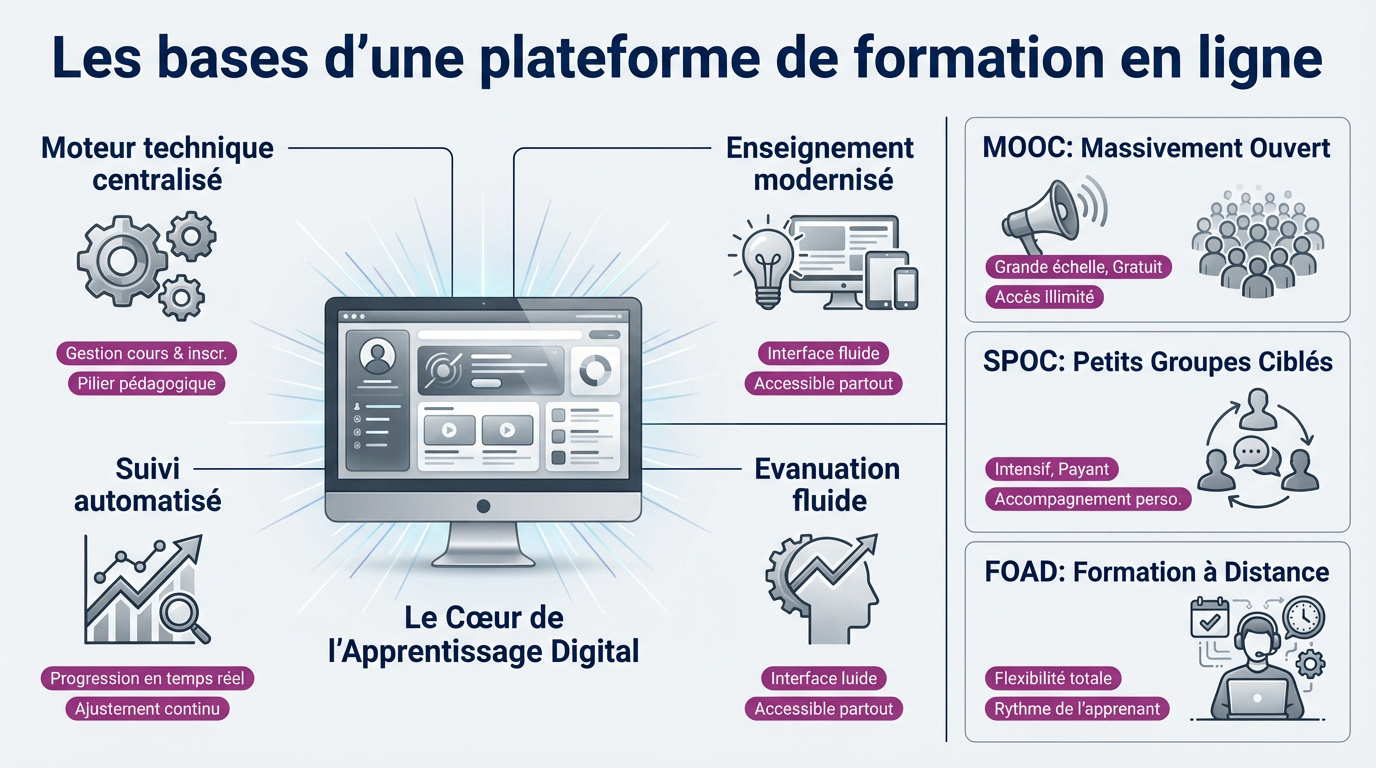 Interface d'un Learning Management System montrant la gestion des cours en ligne