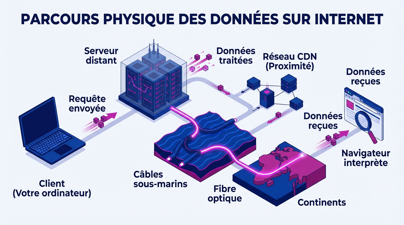 Schéma de la circulation des données entre client et serveur via les réseaux mondiaux
