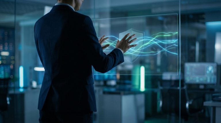 Un professionnel en costume interagit avec un écran holographique montrant un bouclier de sécurité et des flux de données.