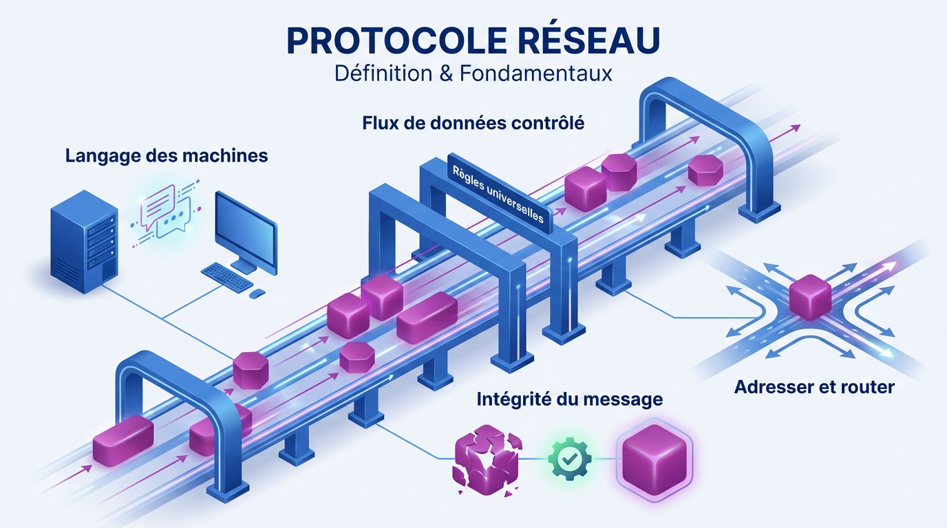 Schéma pédagogique illustrant le fonctionnement des protocoles réseaux et la segmentation des données
