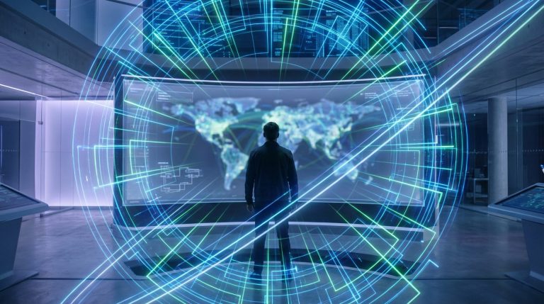Homme devant un grand écran affichant une carte du monde avec des connexions réseau lumineuses. Des lignes de données virtuelles l'entourent, symbolisant la connectivité globale et les protocoles.