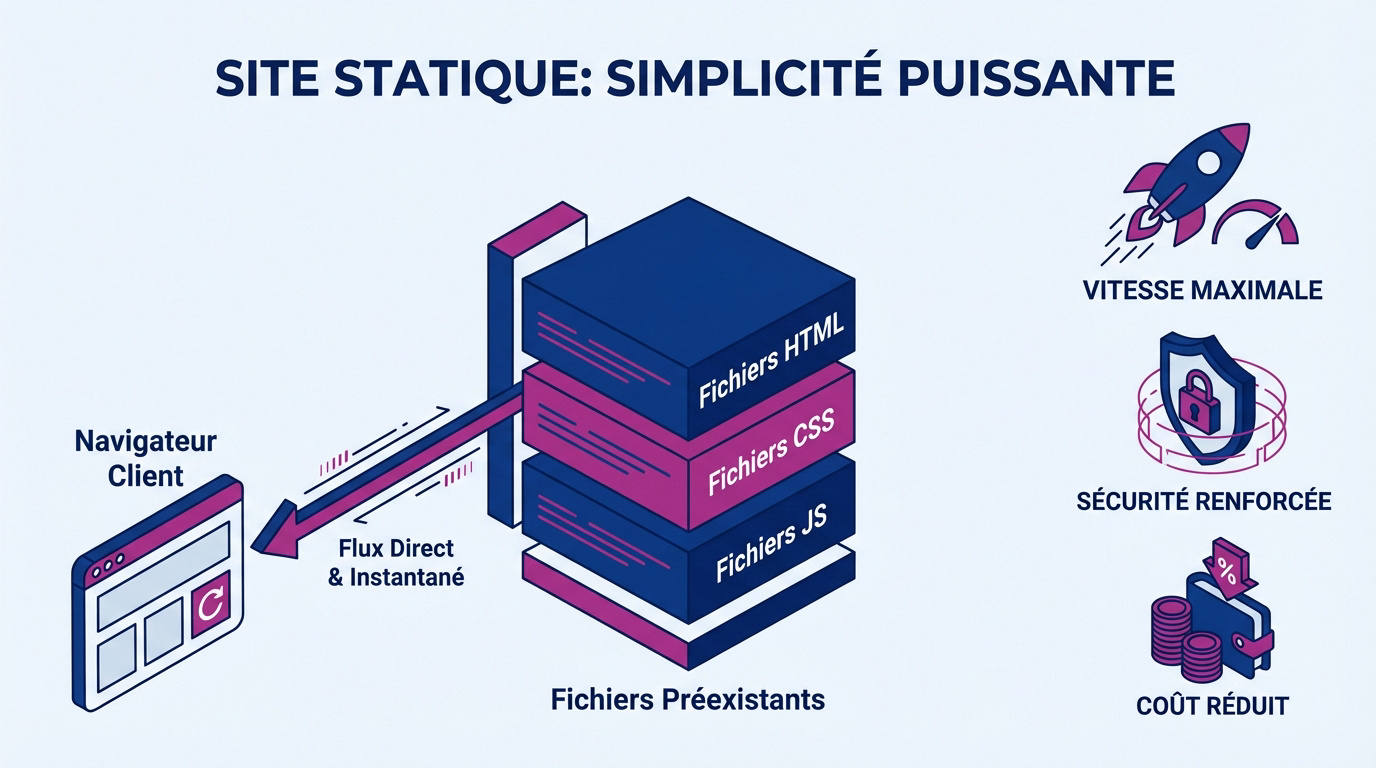 Schéma technique d'un site web statique illustrant la rapidité de transfert des fichiers