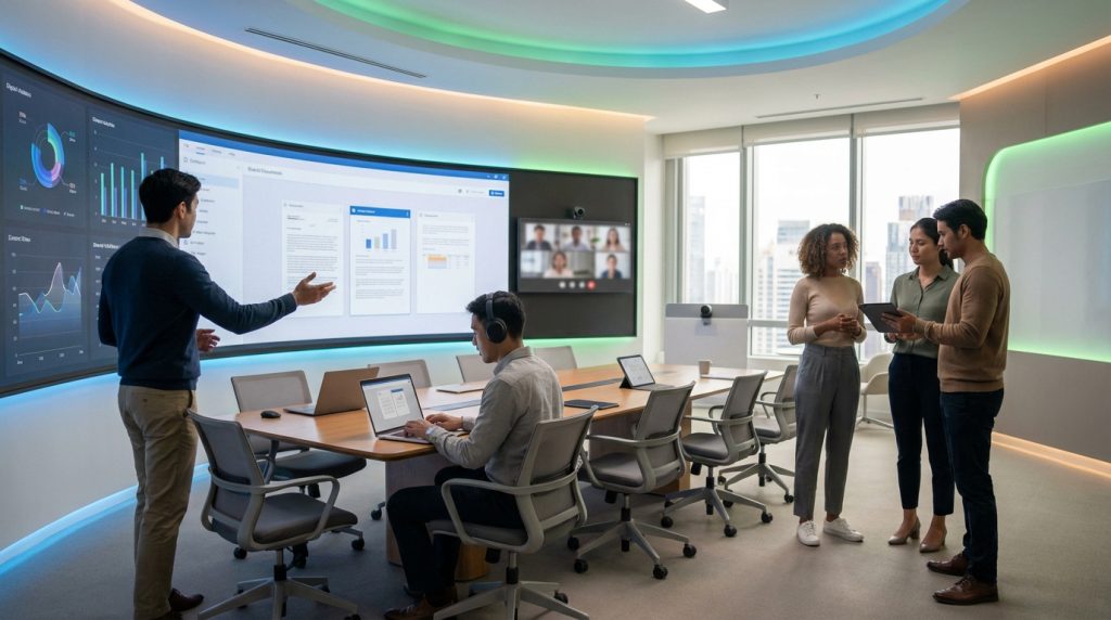 Des professionnels en réunion dans une salle high-tech, utilisant un grand écran interactif, des laptops et une visioconférence.