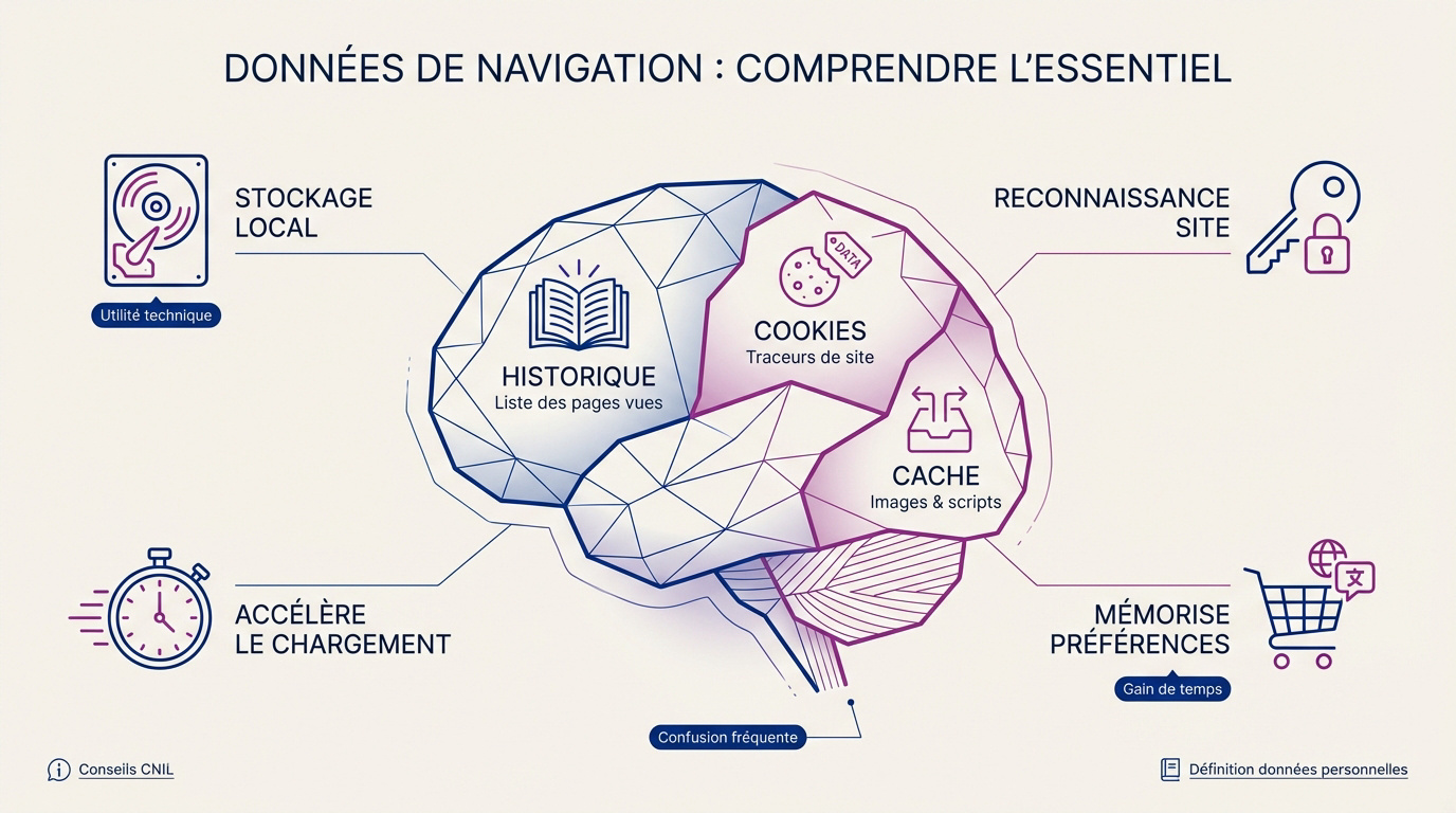 Schéma explicatif des données de navigation incluant le cache et les cookies