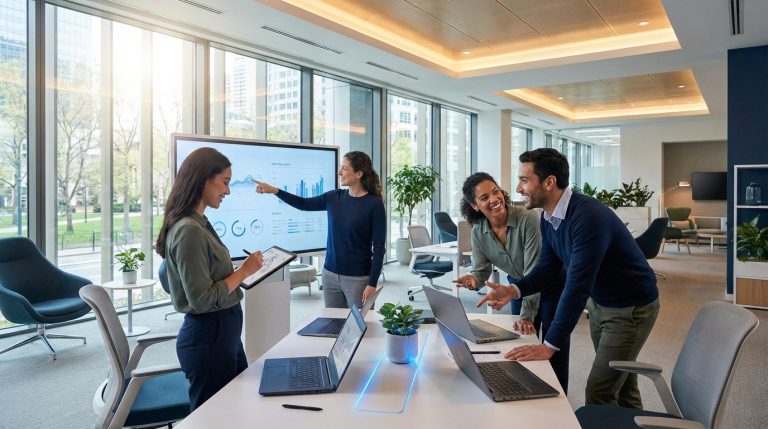 Quatre professionnels collaborent dans un bureau lumineux. Une femme présente sur un écran interactif, d'autres discutent autour d'ordinateurs portables.