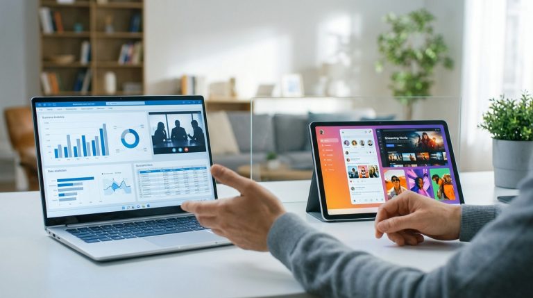 Mains interagissant avec un ordinateur portable affichant des données professionnelles et une tablette affichant des médias personnels.