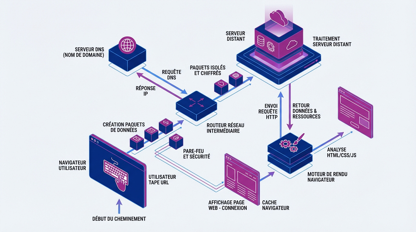 Schéma du flux de données entre le navigateur et le serveur via le DNS